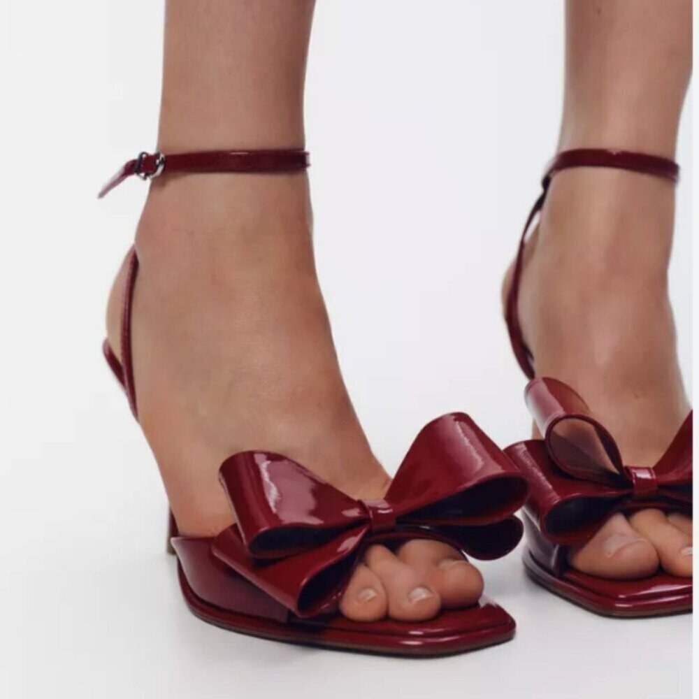 Zara Patent Leather Effect Bow Heel Sandal NWT Strawberry Red Size 37/ 6.5